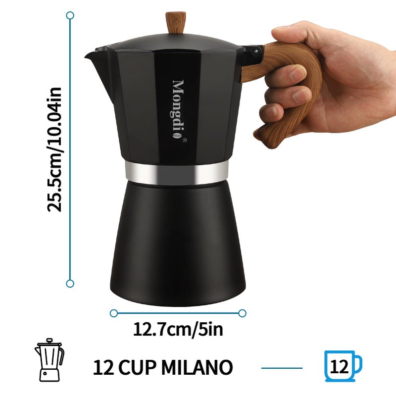 Mongdio Stovetop Espresso Maker Moka Pot, Cuban Coffee Maker Stove top coffee maker Moka Italian Espresso Greca Coffee Maker Brewer Percolator, 12 Espresso Cups, 20 oz - Black - Image 5