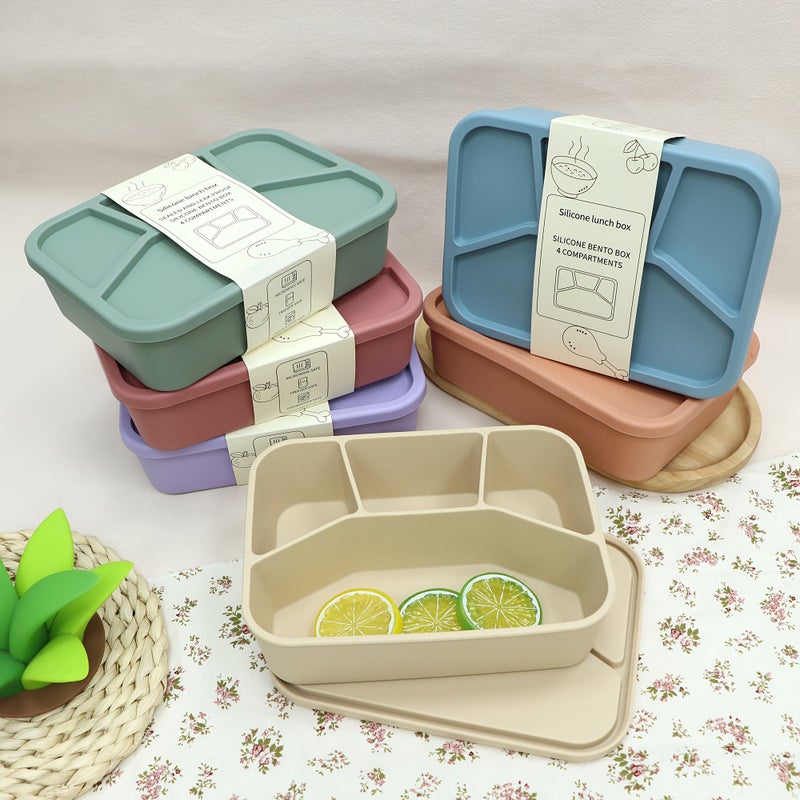 4 Compartment Silicone Lunch Box Beige Leak Proof Oven And Dishwasher Safe Square Meal Container With Separate Sections Food Storage Box For Office School And Travel Ideal Choice For Adults - Image 5