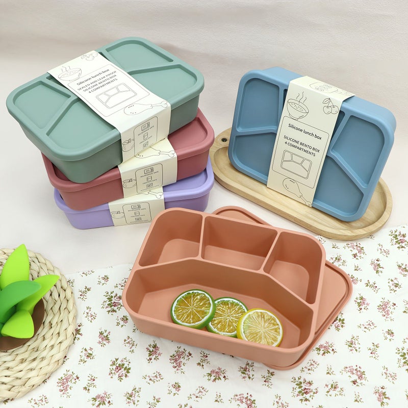 4 Compartment Silicone Lunch Box Beige Leak Proof Oven And Dishwasher Safe Square Meal Container With Separate Sections Food Storage Box For Office School And Travel Ideal Choice For Adults - Image 2