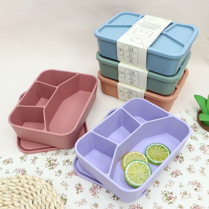 4 Compartment Silicone Lunch Box Beige Leak Proof Oven And Dishwasher Safe Square Meal Container With Separate Sections Food Storage Box For Office School And Travel Ideal Choice For Adults - Image 3