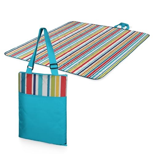 PICNIC TIME ONIVA - a Picnic Time brand - Vista Outdoor Picnic Blanket & Tote - Beach Blanket - Camping Blanket, (Fun Stripe Pattern with Aqua Blue Exterior) - Image 1