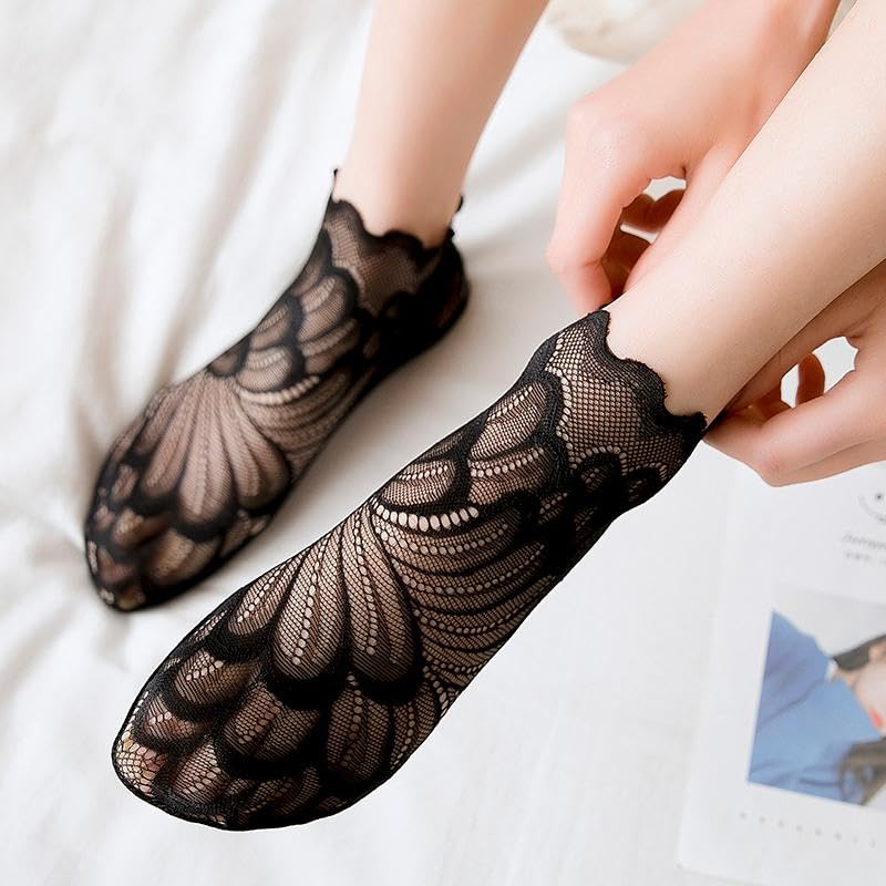 WKLOUYHE Women's Transparent Ultra-Thin Flower Lace Socks Mesh Short Ankle Socks Summer_Multicolour,Pack Of 05 - Image 3