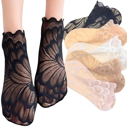 WKLOUYHE Women's Transparent Ultra-Thin Flower Lace Socks Mesh Short Ankle Socks Summer_Multicolour,Pack Of 05 - Image 1