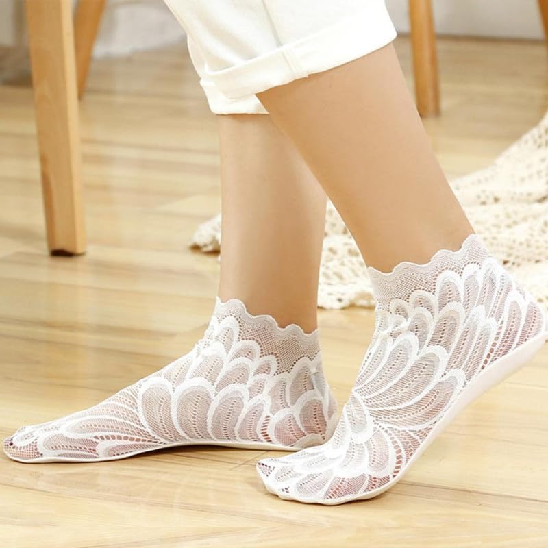 WKLOUYHE Women's Transparent Ultra-Thin Flower Lace Socks Mesh Short Ankle Socks Summer_Multicolour,Pack Of 05 - Image 4