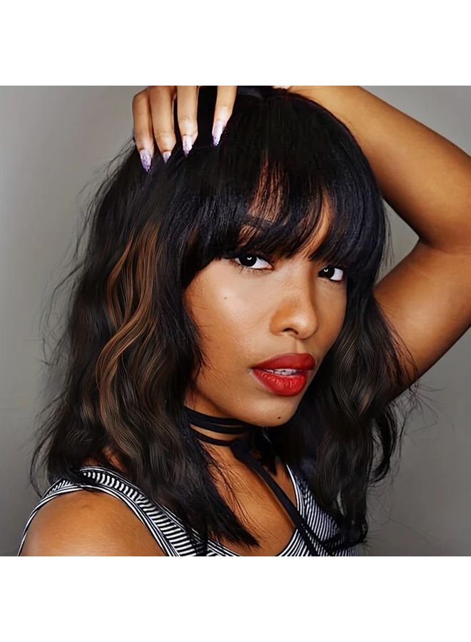 Elegant Short Curly Bob Cut Wig With Bangs Heat Resistant Synthetic Fiber Women Fashion High Temperature Fiber Rose Net Cap Water Wave Curl Style 14inch 2/13 - Image 1
