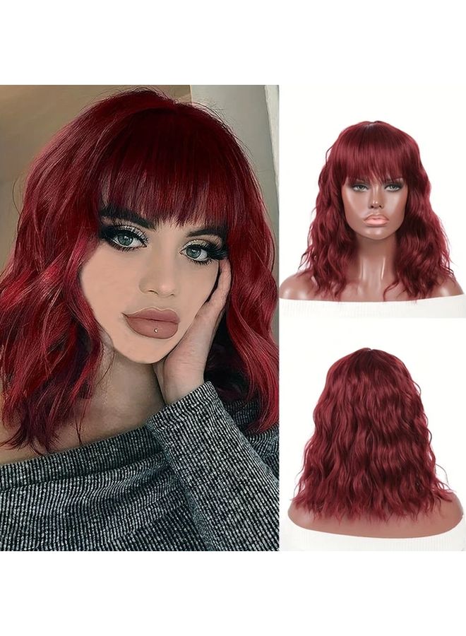 Elegant Short Curly Bob Cut Wig With Bangs Heat Resistant Synthetic Fiber Women Fashion High Temperature Fiber Rose Net Cap Water Wave Curl Style 14inch 2/13 - Image 2