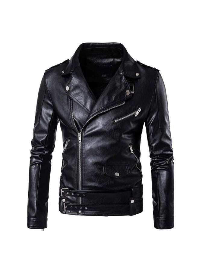 AOWOFS Men's Faux Leather Jacket Double Belt Punk Motorcycle Zip Slim Fit Black - Image 2