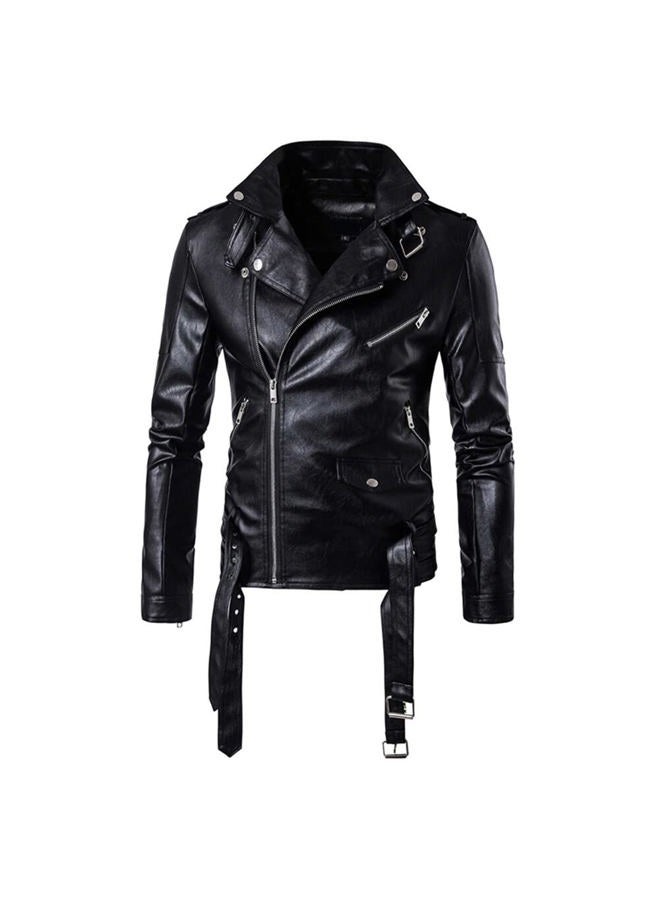 AOWOFS Men's Faux Leather Jacket Double Belt Punk Motorcycle Zip Slim Fit Black - Image 3