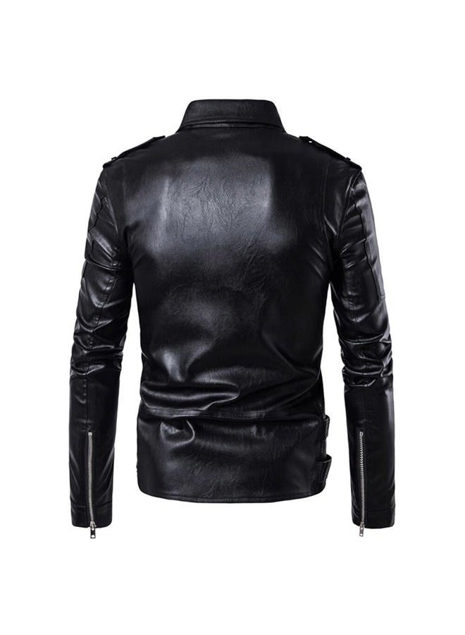AOWOFS Men's Faux Leather Jacket Double Belt Punk Motorcycle Zip Slim Fit Black - Image 5