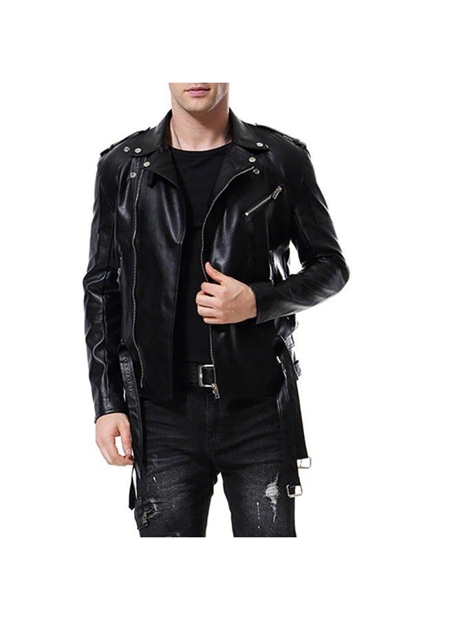 AOWOFS Men's Faux Leather Jacket Double Belt Punk Motorcycle Zip Slim Fit Black - Image 1