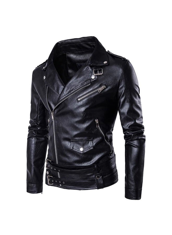 AOWOFS Men's Faux Leather Jacket Double Belt Punk Motorcycle Zip Slim Fit Black - Image 4