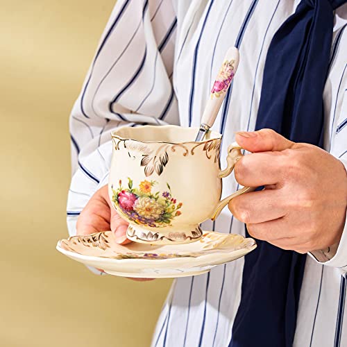 CHILDIKE Tea Cups and Saucers Set of 2, 8 Oz Ivory Floral Porcelain Teacup and Saucer Set with Gold Trim, Vintage Tea Cups with Spoon, European Style, Christmas Gift (Colorful Floral) - Image 2