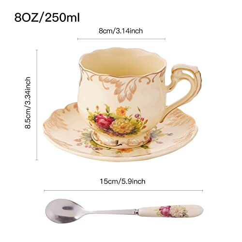 CHILDIKE Tea Cups and Saucers Set of 2, 8 Oz Ivory Floral Porcelain Teacup and Saucer Set with Gold Trim, Vintage Tea Cups with Spoon, European Style, Christmas Gift (Colorful Floral) - Image 3