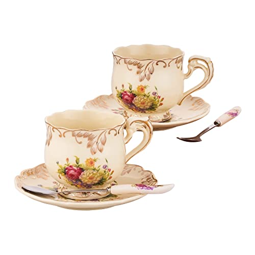 CHILDIKE Tea Cups and Saucers Set of 2, 8 Oz Ivory Floral Porcelain Teacup and Saucer Set with Gold Trim, Vintage Tea Cups with Spoon, European Style, Christmas Gift (Colorful Floral) - Image 1