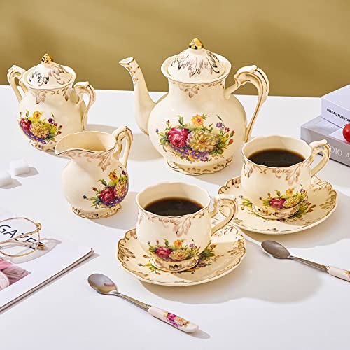CHILDIKE Tea Cups and Saucers Set of 2, 8 Oz Ivory Floral Porcelain Teacup and Saucer Set with Gold Trim, Vintage Tea Cups with Spoon, European Style, Christmas Gift (Colorful Floral) - Image 4