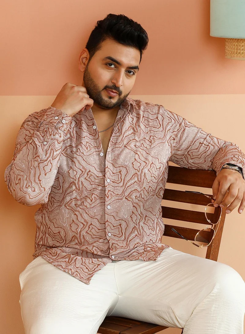 Instafab Plus Instafab Plus Men's Ecru Beige Fluid-Jacquard Shirt For Casual Wear | Spread Collar | Long Cuffed Sleeves | Button Closure | Plus Size Shirt Crafted With Comfort Fit For Everyday Wear