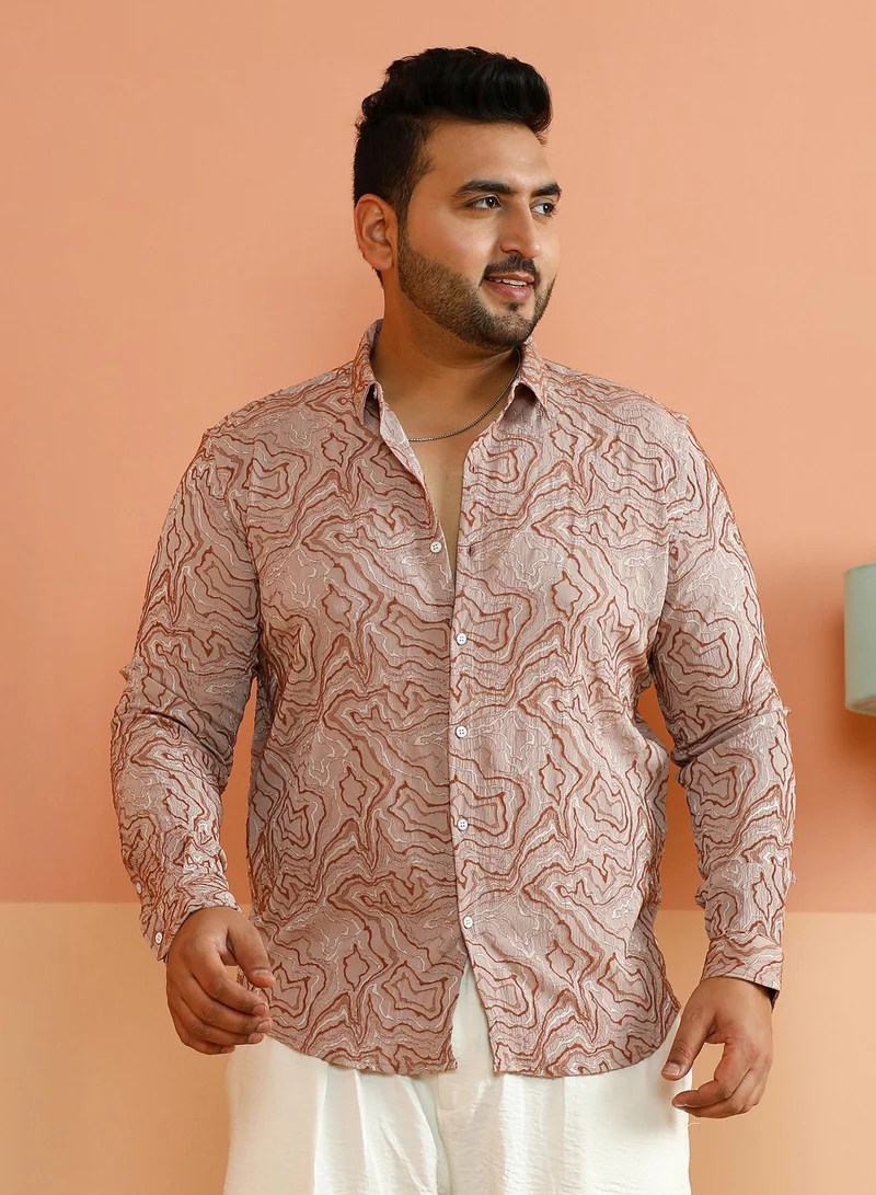 Instafab Plus Instafab Plus Men's Ecru Beige Fluid-Jacquard Shirt For Casual Wear | Spread Collar | Long Cuffed Sleeves | Button Closure | Plus Size Shirt Crafted With Comfort Fit For Everyday Wear