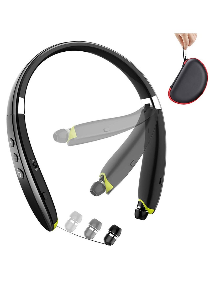 سماعات بلوتوث، سماعة عنق قابلة للطي من BEARTWO مع سماعات أذن قابلة للسحب، سماعات ستيريو مع ميكروفون لإلغاء الضوضاء للتمارين، الجري، القيادة (مع حقيبة حمل) باللون الأسود - Image 1