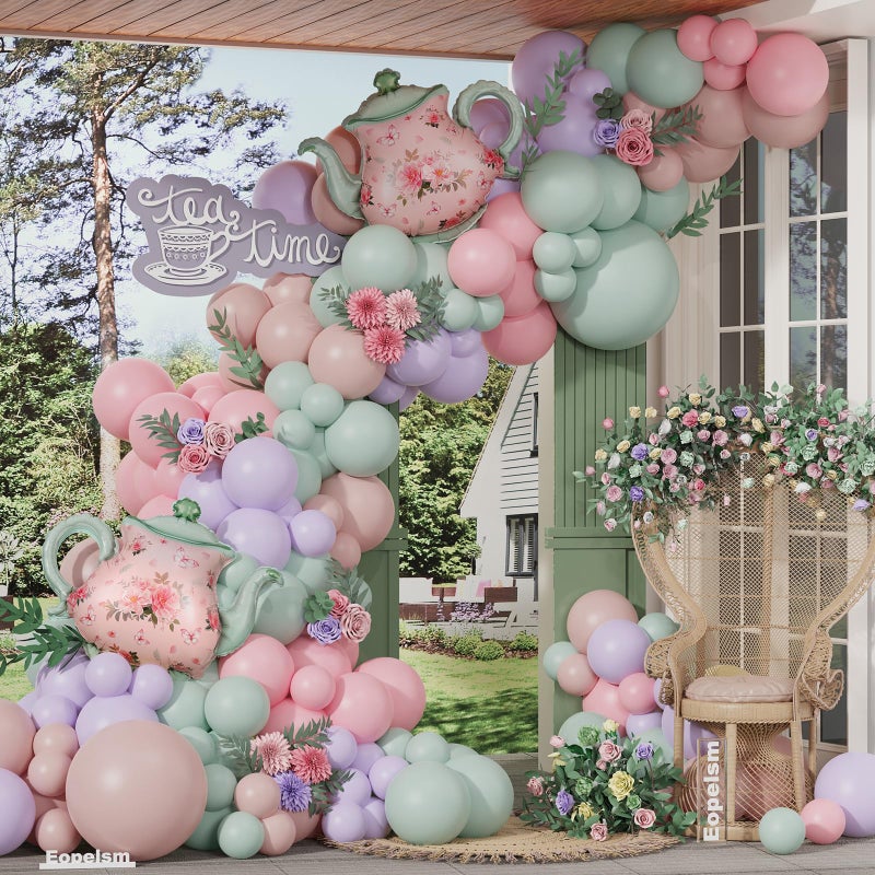 Green and Pink Balloon Garland 134Pcs Dusty Green Pink and Purple Balloons Arch Kit with Teapot Foil Balloon for Spring Tea Party Lets Partea Baby Shower Birthday Party Decorations