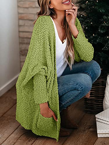 Saodimallsu Womens Oversized Open Front Fuzzy Cardigan Batwing Long Sleeve Popcorn Fall Cozy Warm Chunky Knit Sweaters Green - Image 3