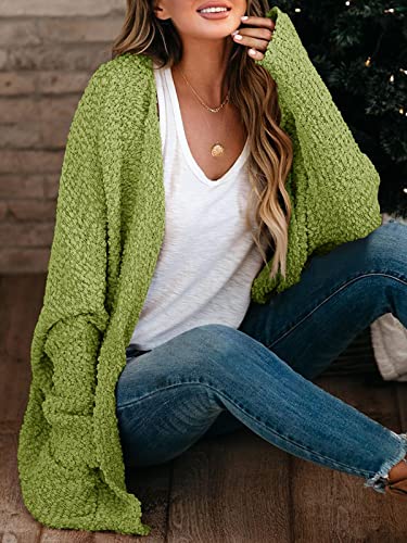 Saodimallsu Womens Oversized Open Front Fuzzy Cardigan Batwing Long Sleeve Popcorn Fall Cozy Warm Chunky Knit Sweaters Green - Image 2