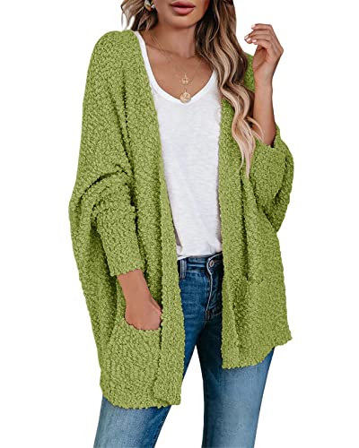 Saodimallsu Womens Oversized Open Front Fuzzy Cardigan Batwing Long Sleeve Popcorn Fall Cozy Warm Chunky Knit Sweaters Green - Image 1