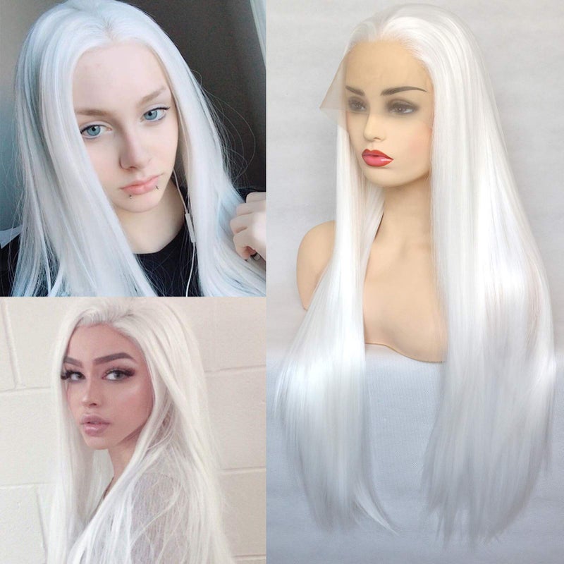 BLUPLE Long Straight Lace Front Wigs 1001 Platinum White Natural Heat Resistant Synthetic Hair Half Hand Tied Wigs for Cosplay Daily Wear 22 inches StraightWhite