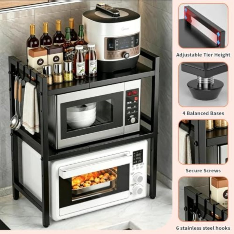 Heavy Duty 3-Tier Adjustable Microwave Oven Rack for Kitchen Countertop, Carbon Steel, Black, 100lbs Capacity with 6 Hooks - Image 5