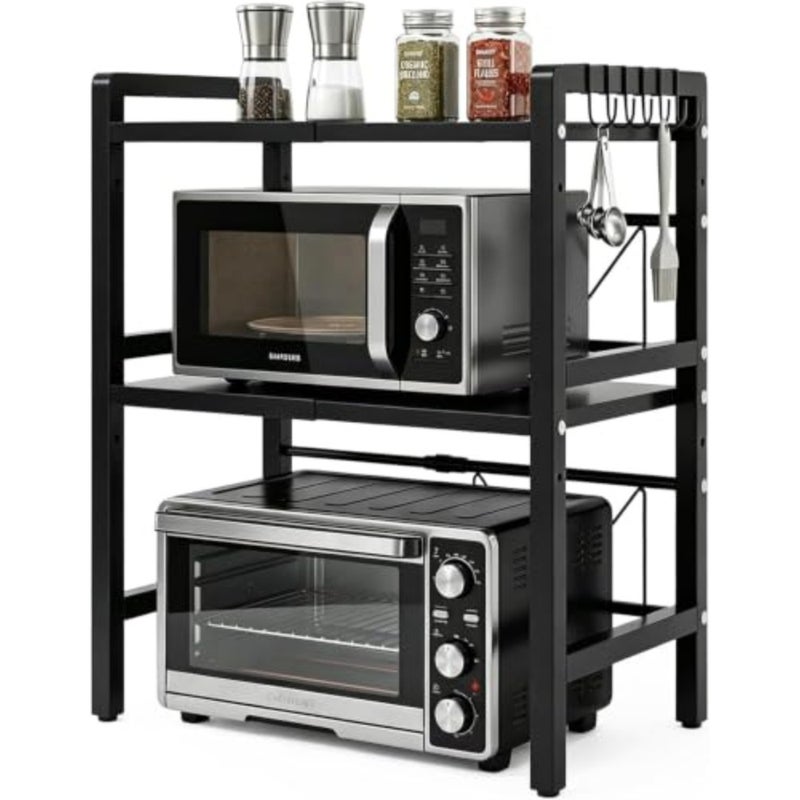 Heavy Duty 3-Tier Adjustable Microwave Oven Rack for Kitchen Countertop, Carbon Steel, Black, 100lbs Capacity with 6 Hooks - Image 1