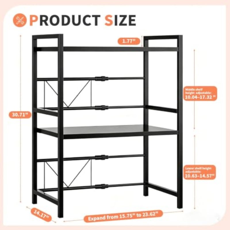 Heavy Duty 3-Tier Adjustable Microwave Oven Rack for Kitchen Countertop, Carbon Steel, Black, 100lbs Capacity with 6 Hooks - Image 2