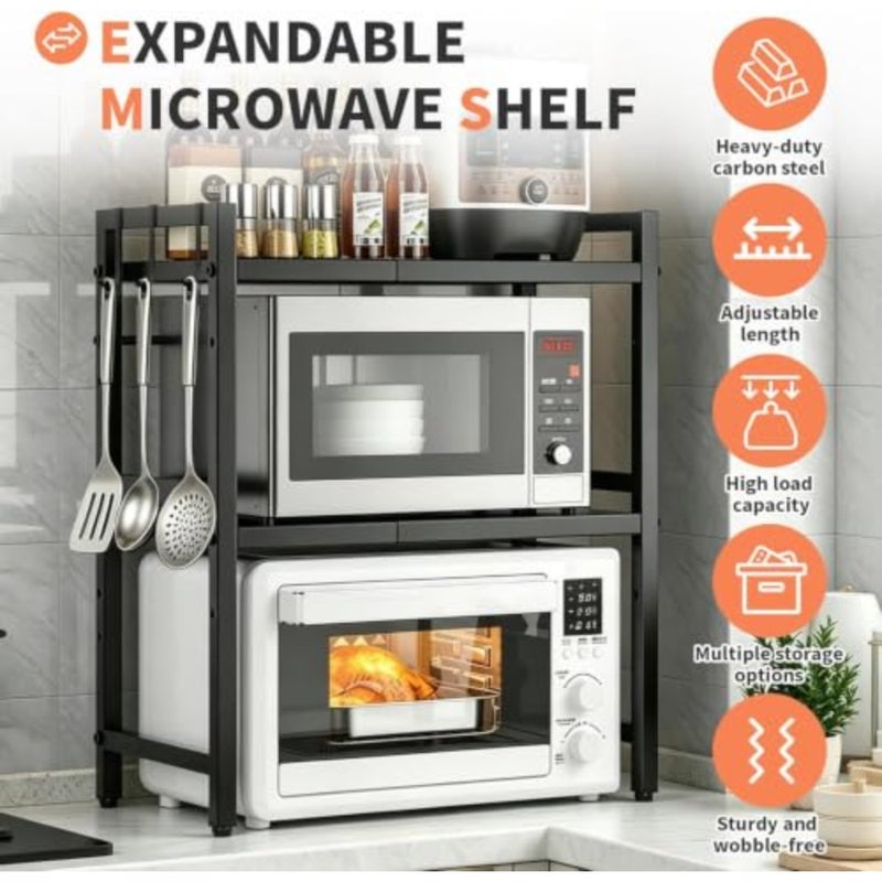 Heavy Duty 3-Tier Adjustable Microwave Oven Rack for Kitchen Countertop, Carbon Steel, Black, 100lbs Capacity with 6 Hooks - Image 4