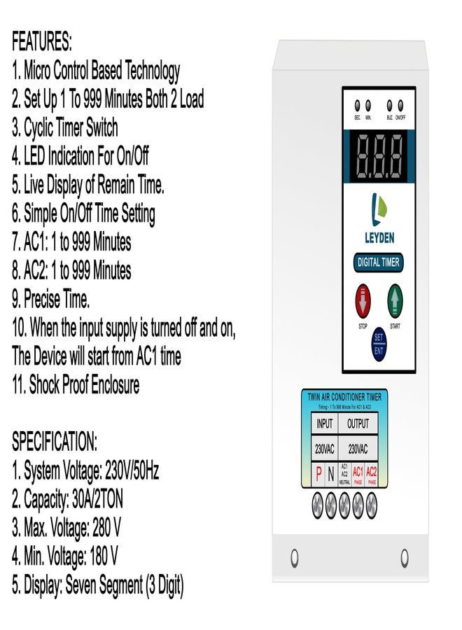 LEYDEN® TM-DAT 30A, 220VAC, 1-999 Minutes On Off Digital Timer Switch for Dual AC Timer Switch for 2 Air Conditioner for Energy Saving (1-Year Warranty) - Image 2