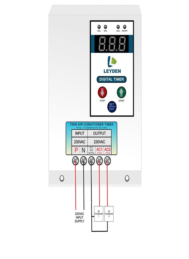 LEYDEN® TM-DAT 30A, 220VAC, 1-999 Minutes On Off Digital Timer Switch for Dual AC Timer Switch for 2 Air Conditioner for Energy Saving (1-Year Warranty) - Image 3