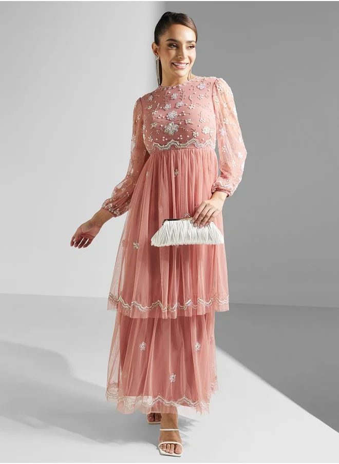 Amelia Rose Embellished Ruffle Detail Dress