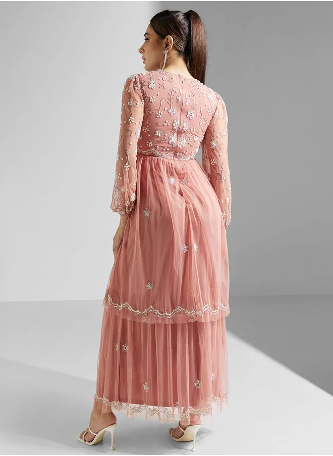 Amelia Rose Embellished Ruffle Detail Dress