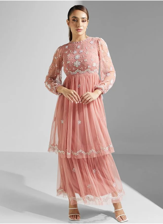 Amelia Rose Embellished Ruffle Detail Dress