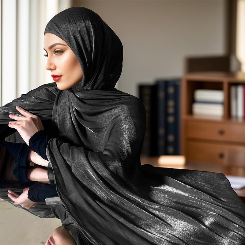 HURESON Women Premium Hijab Head Scarf Lightweight Shimmer Scarves Crepe Wedding Shawls and Wraps for Evening Dresses Shiny (Black 1#) - Image 3