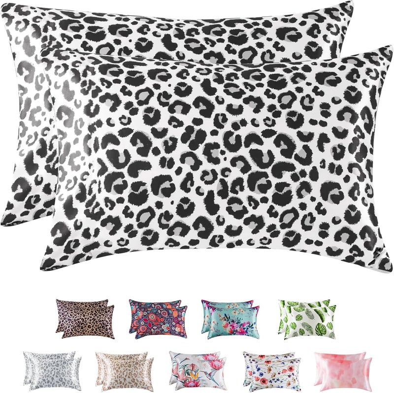 MR&HM Satin Pillowcase for Hair and Skin, Silk Satin Pillowcase 2 Pack, Queen Size Pillow Cases Set of 2, Silky Pillow Cover with Envelope Closure (20x30, White Leopard) - Image 1