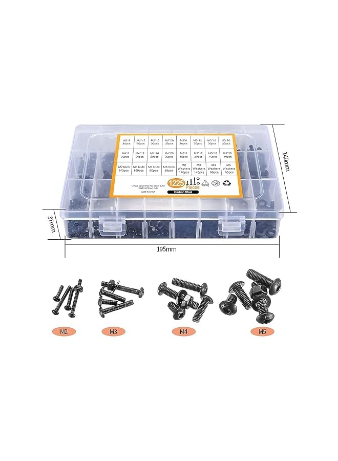 PROMASS M2 M3 M4 M5 Nuts and Bolts Assorted Set, 1225 Pcs Carbon Steel Hex Socket Head Cap Screws Bolts and Nuts Kit, Thread Fastener Machine Hex Bolts & Nuts Assortment Kit with 4Pieces Hex Keys for Free - Image 3