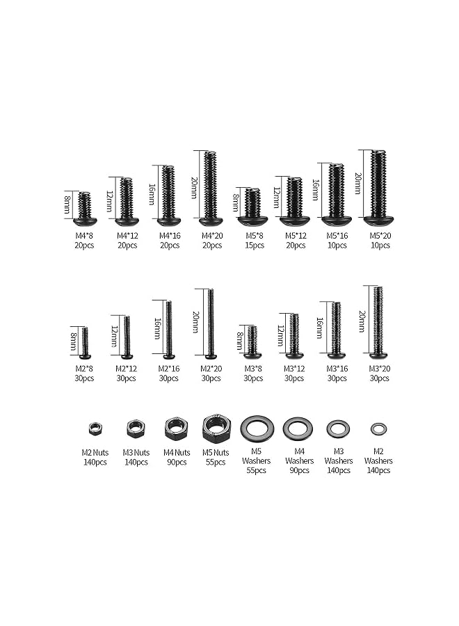 PROMASS M2 M3 M4 M5 Nuts and Bolts Assorted Set, 1225 Pcs Carbon Steel Hex Socket Head Cap Screws Bolts and Nuts Kit, Thread Fastener Machine Hex Bolts & Nuts Assortment Kit with 4Pieces Hex Keys for Free - Image 2