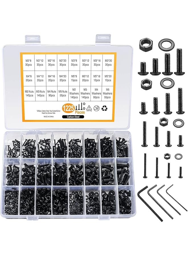 PROMASS M2 M3 M4 M5 Nuts and Bolts Assorted Set, 1225 Pcs Carbon Steel Hex Socket Head Cap Screws Bolts and Nuts Kit, Thread Fastener Machine Hex Bolts & Nuts Assortment Kit with 4Pieces Hex Keys for Free - Image 1