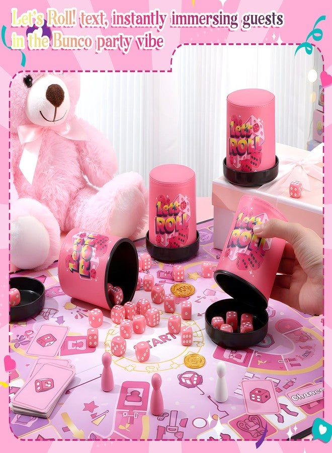 RoundFunny 4 Pack Pink Leather Dice Cup with Lid Let's Roll Dice Cup Set with 30 Matching Dices Game Kit Party Supplies for Women Girl Ladies Night Family Board Games - Image 4