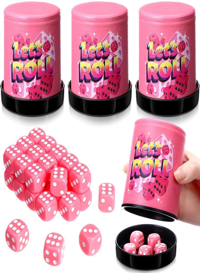 RoundFunny 4 Pack Pink Leather Dice Cup with Lid Let's Roll Dice Cup Set with 30 Matching Dices Game Kit Party Supplies for Women Girl Ladies Night Family Board Games - Image 1