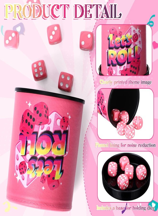 RoundFunny 4 Pack Pink Leather Dice Cup with Lid Let's Roll Dice Cup Set with 30 Matching Dices Game Kit Party Supplies for Women Girl Ladies Night Family Board Games - Image 3