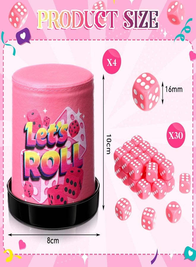 RoundFunny 4 Pack Pink Leather Dice Cup with Lid Let's Roll Dice Cup Set with 30 Matching Dices Game Kit Party Supplies for Women Girl Ladies Night Family Board Games - Image 2