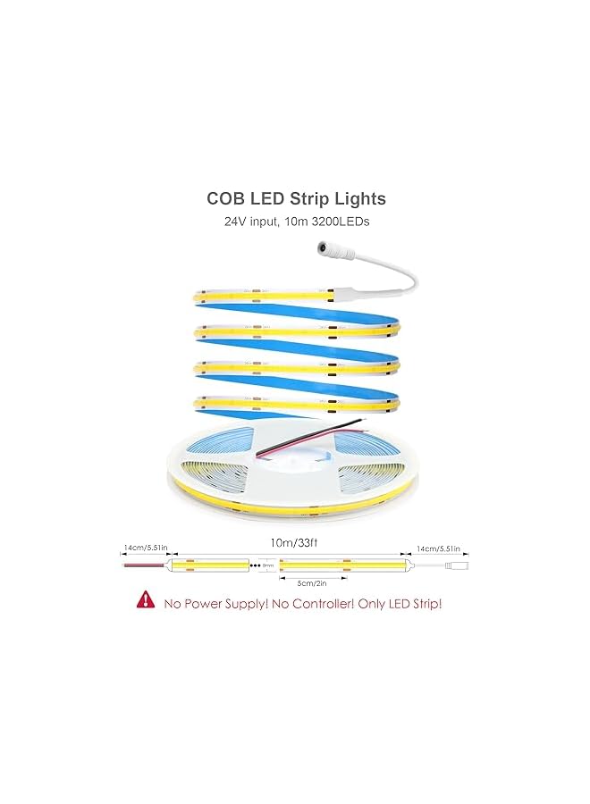 The Bros 10m COB LED Light Strip 24V Cool White 6000K Super Bright LED Tape Self-Adhesive 320LEDs/M Non-Waterproof IP30 for DIY Indoor Lighting Home Decoration (Without Power Supply and Dimmer)  - Image 3