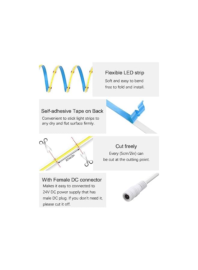 The Bros 10m COB LED Light Strip 24V Cool White 6000K Super Bright LED Tape Self-Adhesive 320LEDs/M Non-Waterproof IP30 for DIY Indoor Lighting Home Decoration (Without Power Supply and Dimmer)  - Image 5