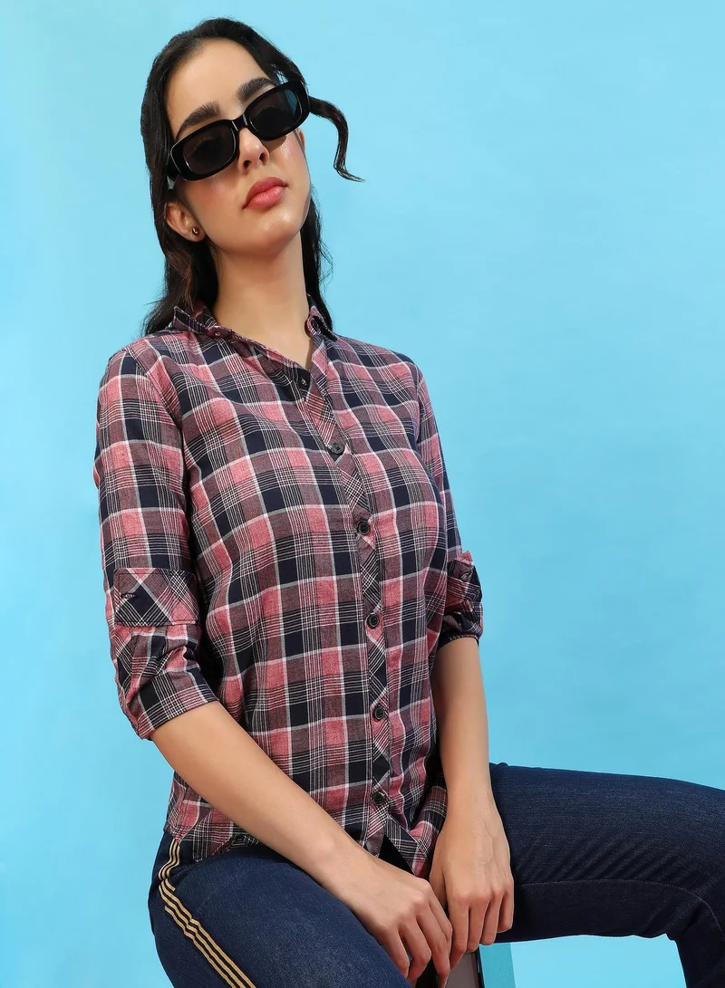 Campus Sutra Women's Baby Pink & Navy Blue Tartan Plaid Shirt