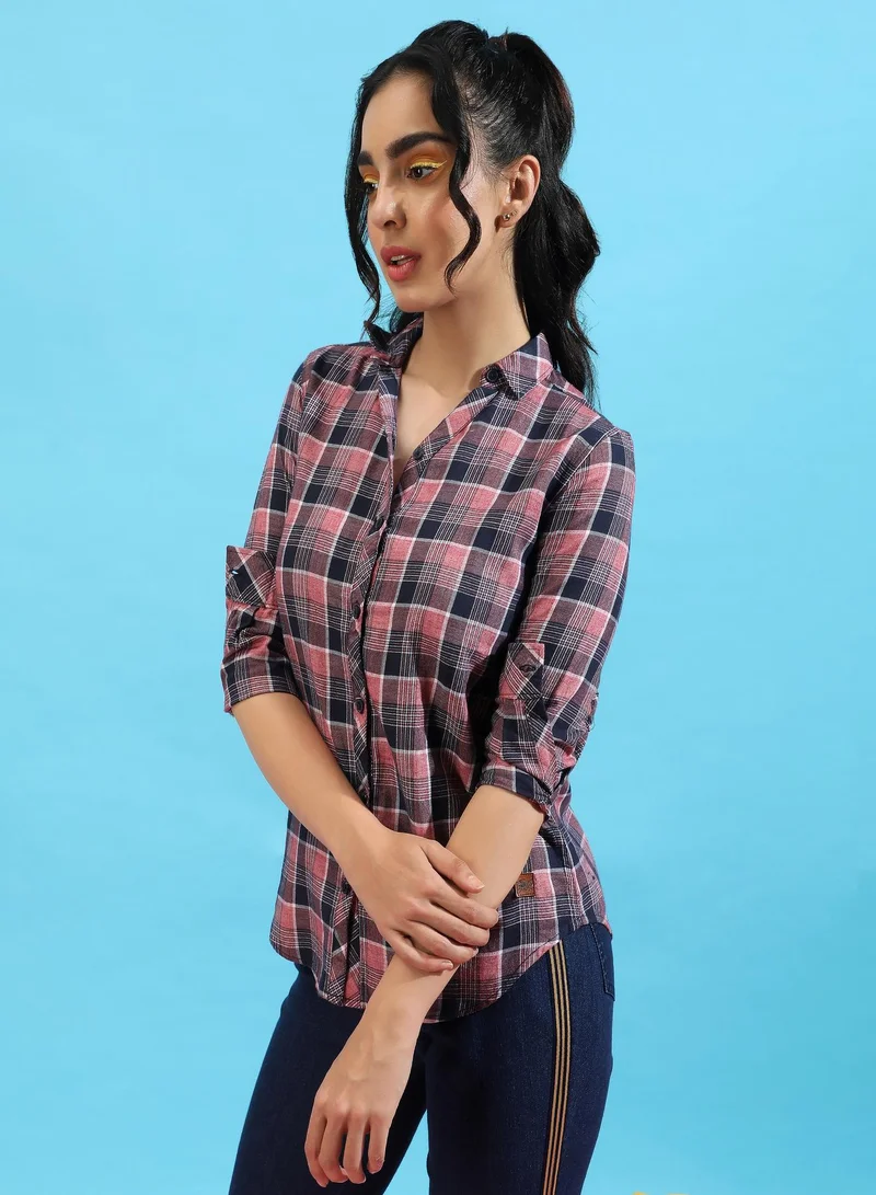 Campus Sutra Women's Baby Pink & Navy Blue Tartan Plaid Shirt