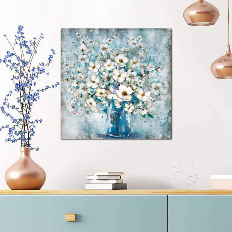Framed Canvas Wall Art with Blue Bottle and White Flowers, Modern Minimalist Decor, No Drilling Required—Hang in the Bathroom, Bedroom, or Kitchen 50x50cm - Image 2